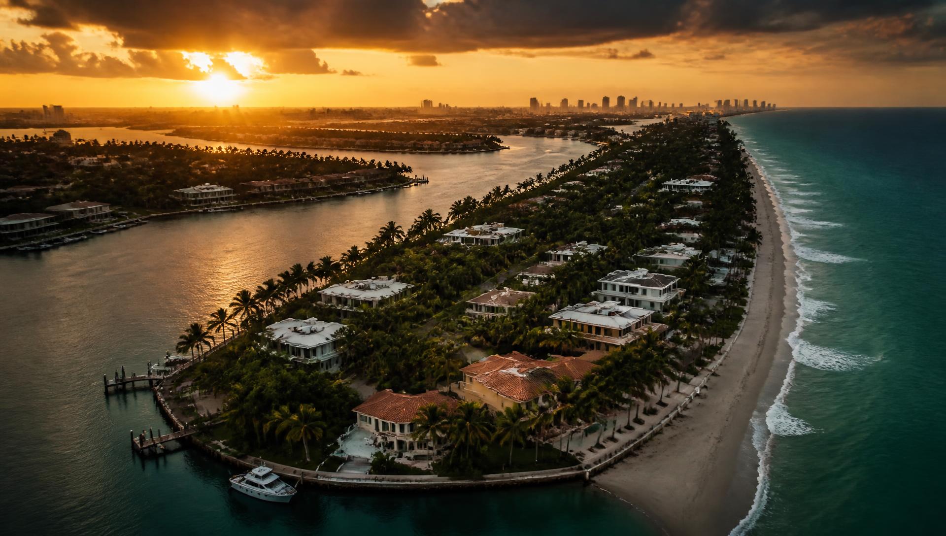 Aerial view of the South Florida coastline with waterfront homes at golden hour