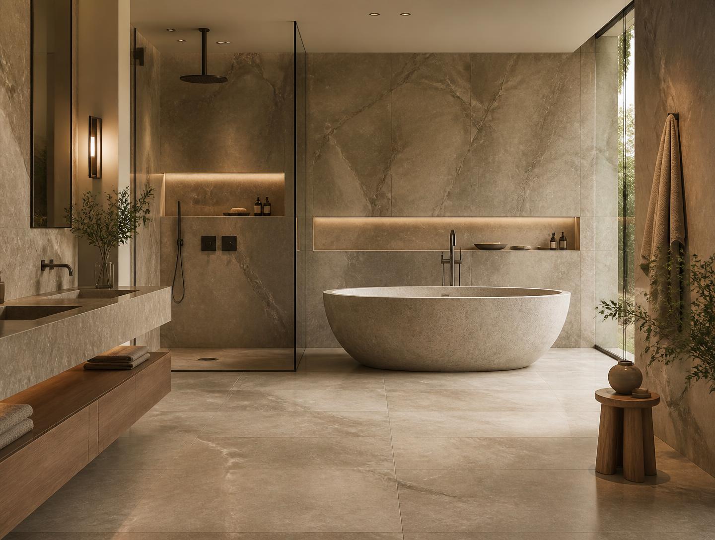 Stone primary bathroom concept with freestanding tub and frameless glass shower
