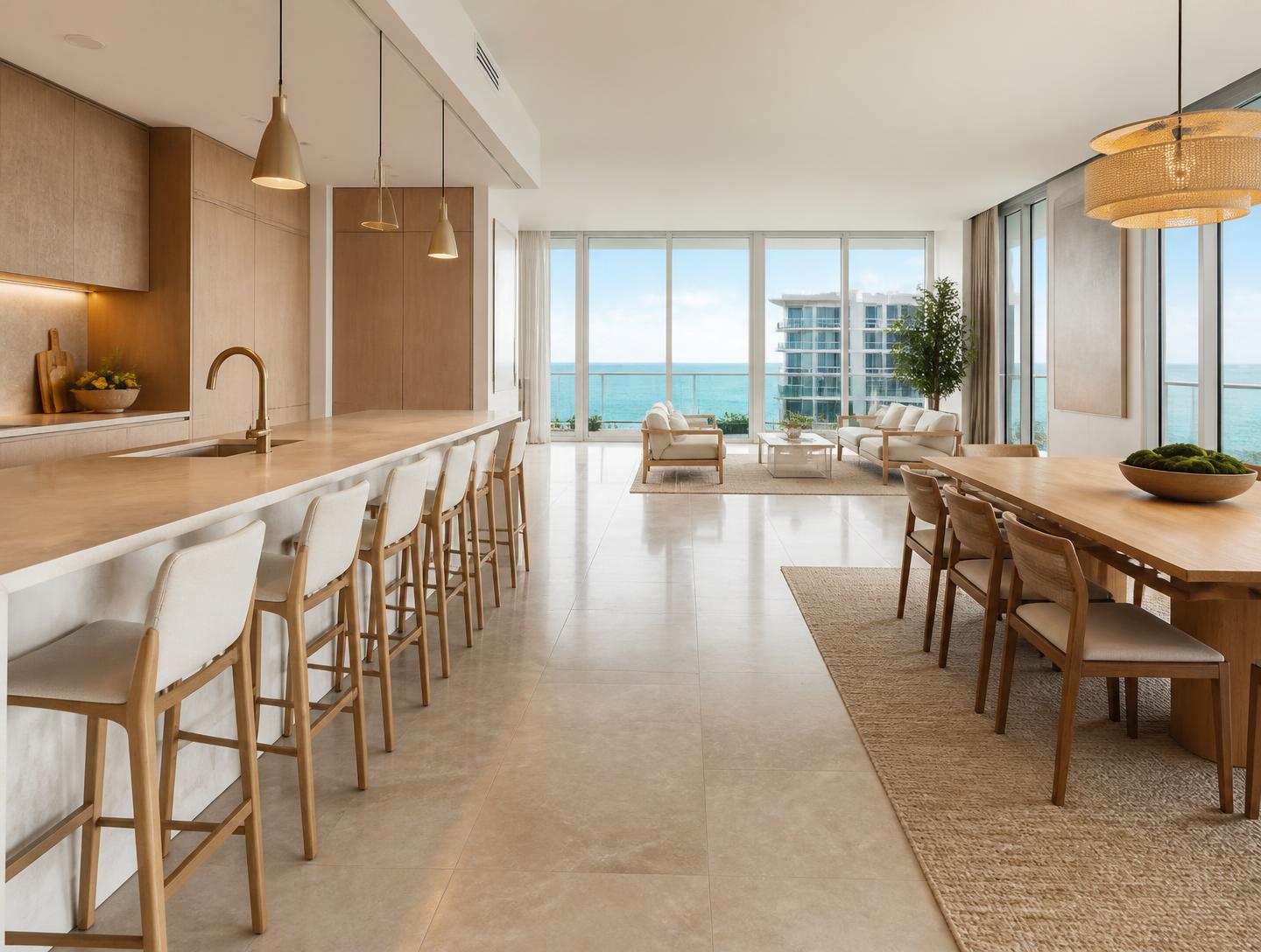 Luxury oceanfront condominium interior with porcelain floors and floating oak cabinetry
