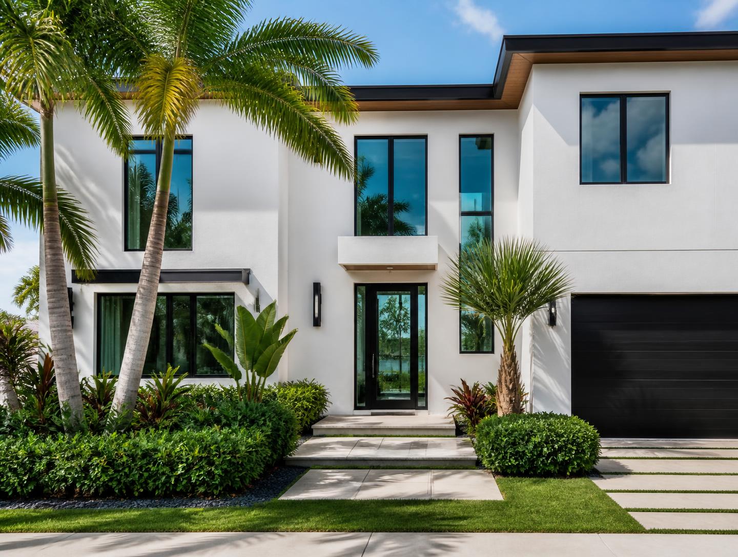 Renovated modern coastal South Florida home facade with white stucco and dark impact windows
