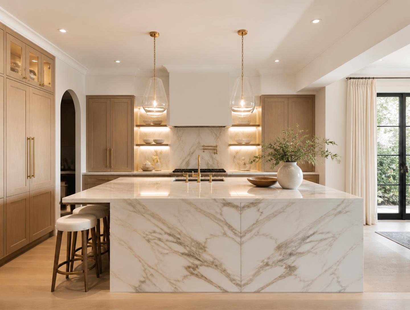 Luxury kitchen concept with marble waterfall island, oak cabinetry, and brass fixtures