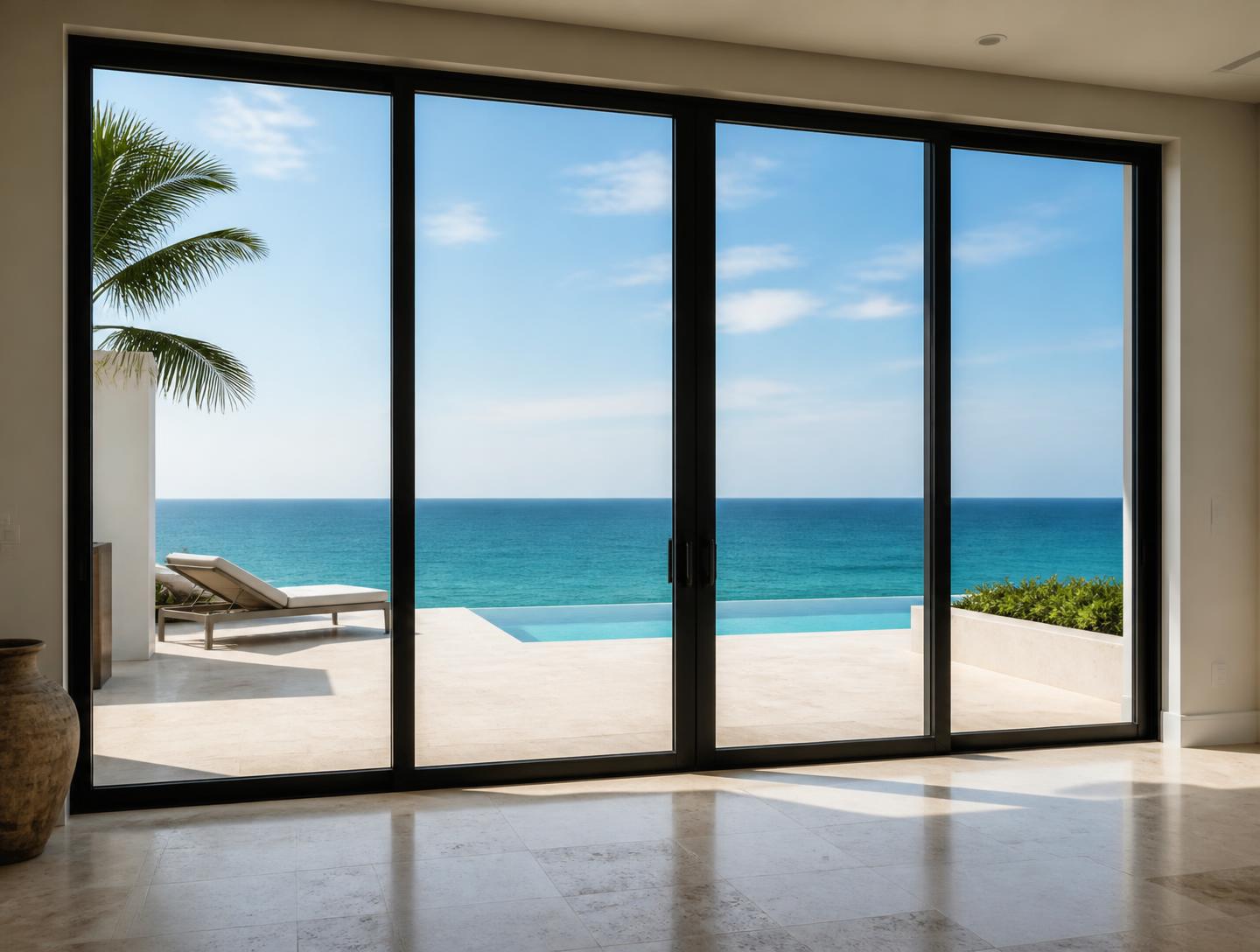 Large black-framed impact-rated sliding glass doors opening to an ocean view